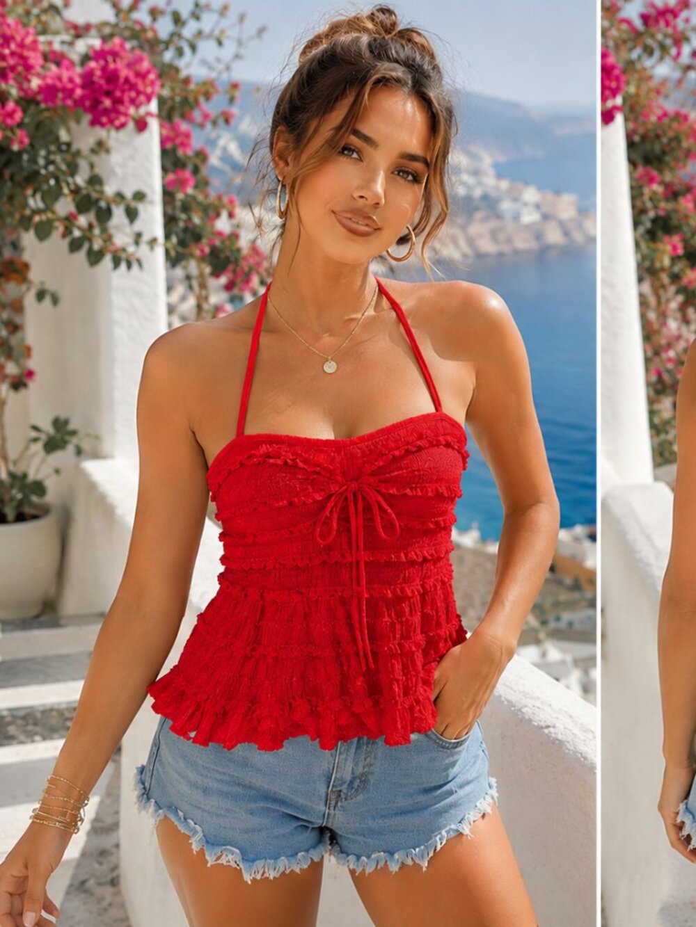 SHEIN Red Halter Tank Top Womens Small Ruffle Textured Y2K Boho Stretch Cami New